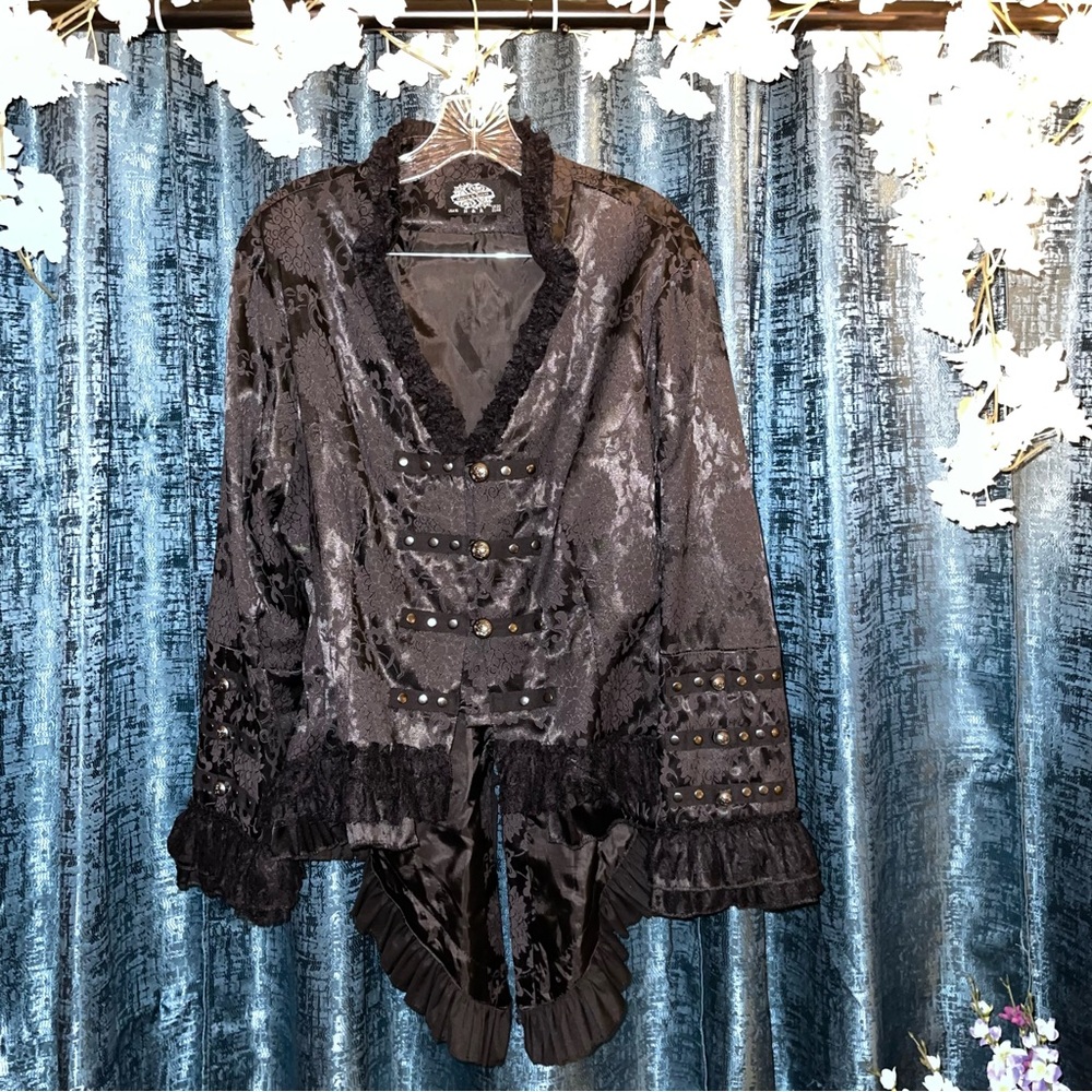 H&R Black Satin Brocade & Lace Corseted Coat w/Tails, Sz 16-Missing 1 Button